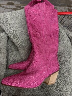 Women’s Pink Rhinestone Western Boots - Embellished Mid-Calf Heel-Sz 9